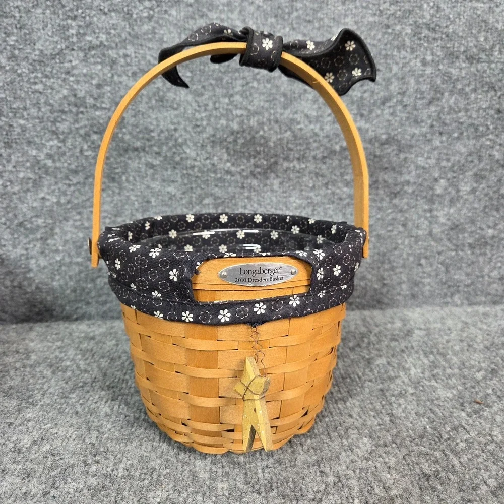 Longaberger 2010 Dresden Basket W/ Black Flower Star Fabric Liner, & Protector